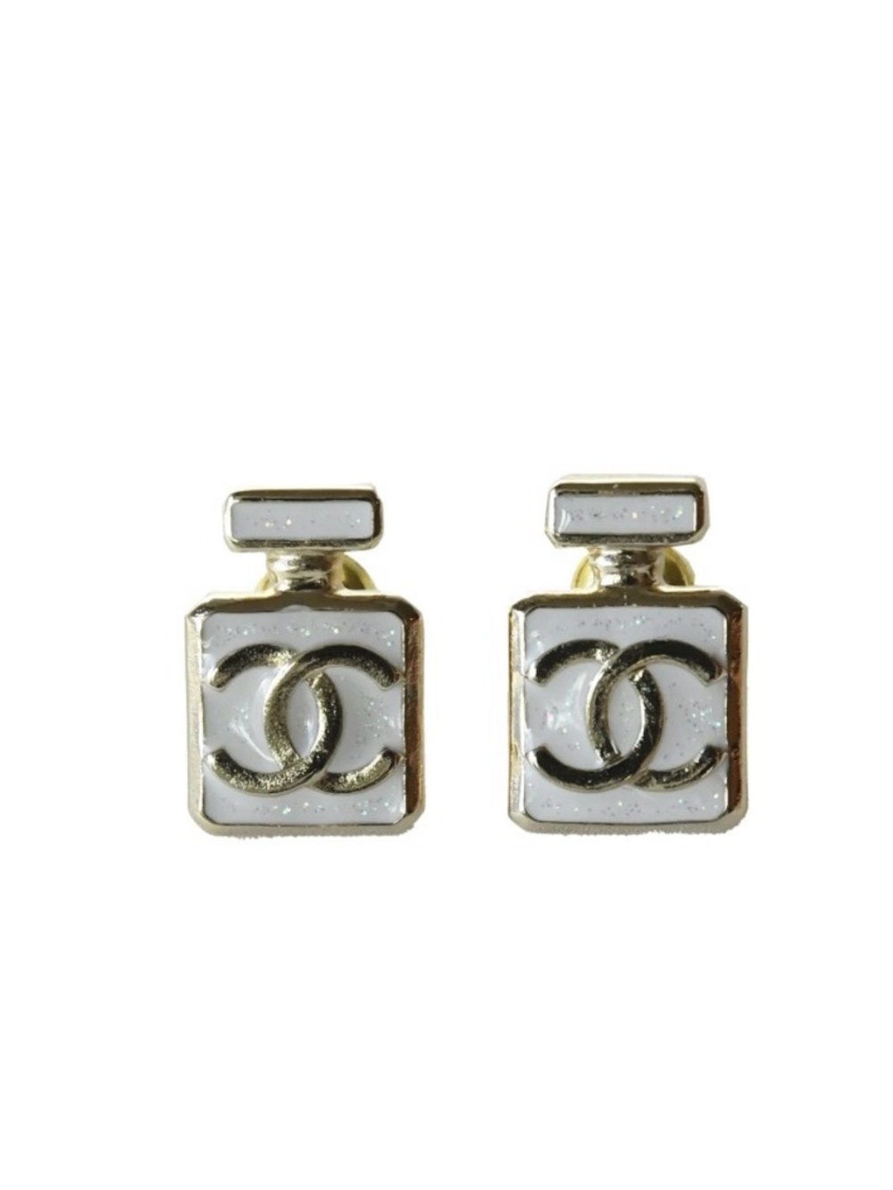 ChaneI. Logo Perfume Bottle Stud Earrings White Enamel with Silver- Tone